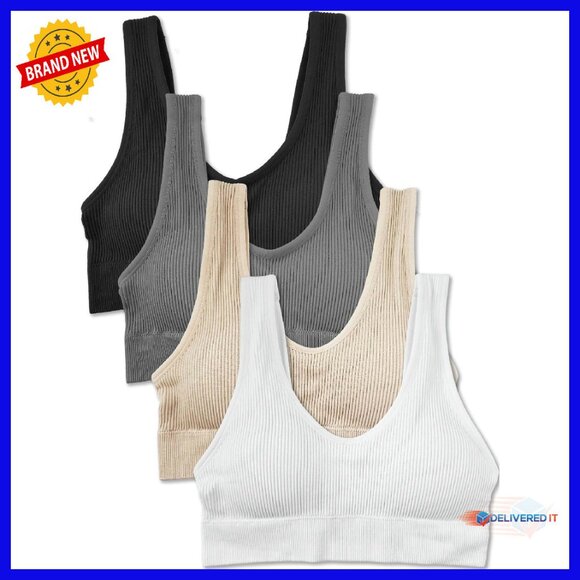 4 Pack Ribbed Bralette Crop Top Medium Impact Sports Bra Set